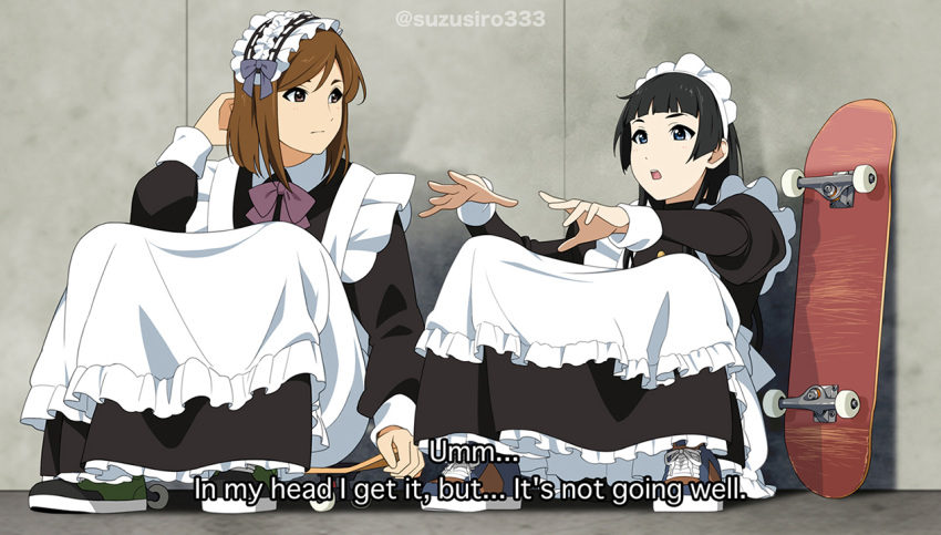 2girls anime_coloring apron bangs black_dress black_eyes black_hair blunt_bangs brown_eyes brown_hair commentary dress english_text fake_screenshot frills hime_cut long_hair long_sleeves looking_at_another maid maid_apron maid_headdress medium_hair multiple_girls original potters_wheel_pose shoes sitting skateboard sneakers subtitled suzushiro_(suzushiro333) twitter_username