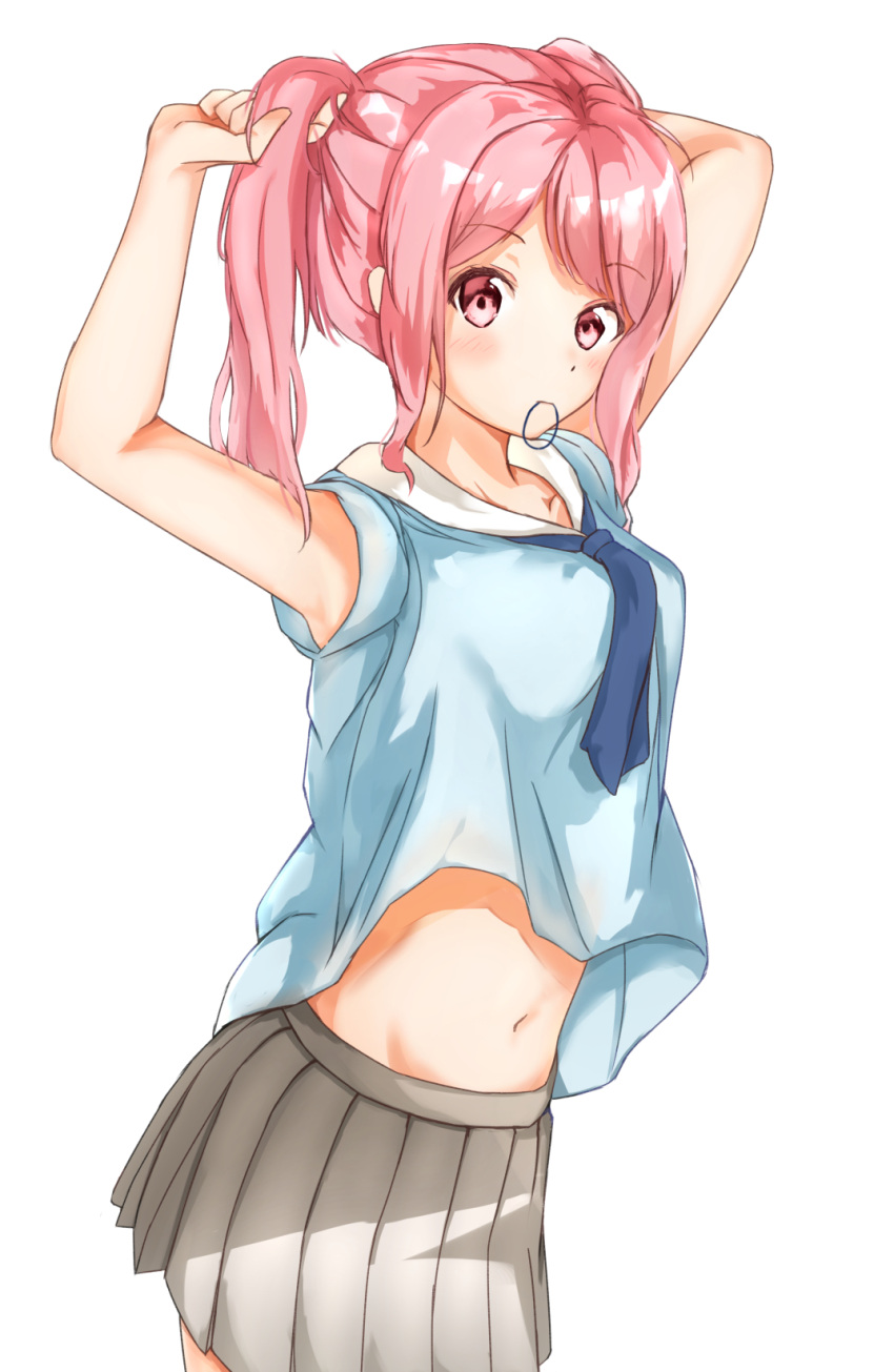 1girl armpits arms_up bang_dream! bare_arms blue_neckwear blue_shirt blush breasts collarbone commentary cowboy_shot eyebrows_visible_through_hair grey_skirt hair_tie_in_mouth hanasakigawa_school_uniform highres looking_at_viewer maruyama_aya medium_breasts midriff_peek mouth_hold navel neckerchief pink_eyes pink_hair pleated_skirt sailor_collar school_uniform serafuku shirt shirt_lift sidelocks simple_background skirt sleeves_rolled_up solo stomach takeyashi_(user_dnne7725) tareme tying_hair white_background white_sailor_collar