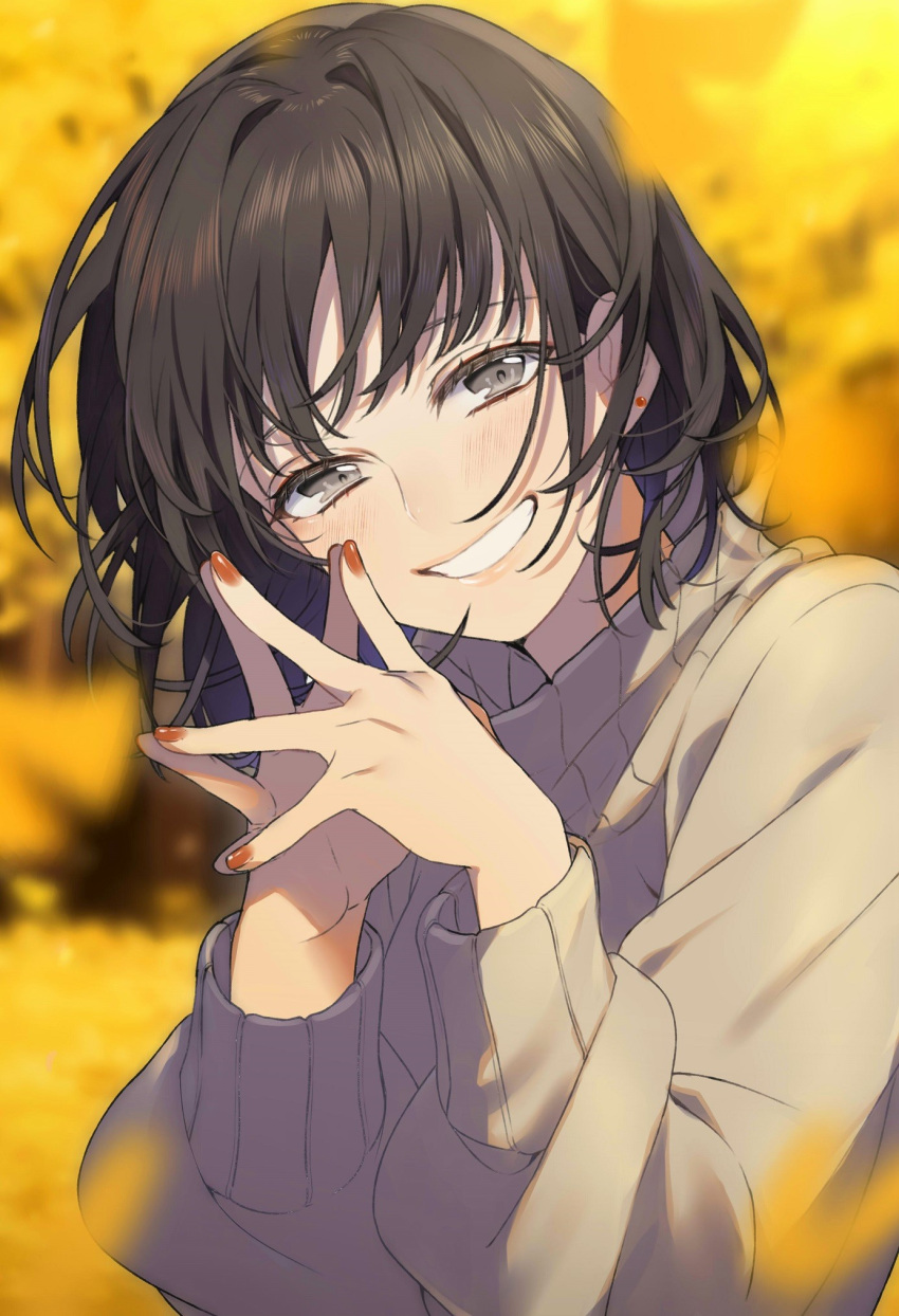 1girl autumn autumn_leaves bangs black_hair blurry blurry_background blurry_foreground blush brown_nails brown_sweater commentary_request depth_of_field earrings eyebrows_behind_hair fingernails fingers_together grey_eyes grin hand_up highres jewelry long_hair long_sleeves looking_at_viewer nail_polish original puffy_long_sleeves puffy_sleeves smile sogawa solo stud_earrings sweater upper_body