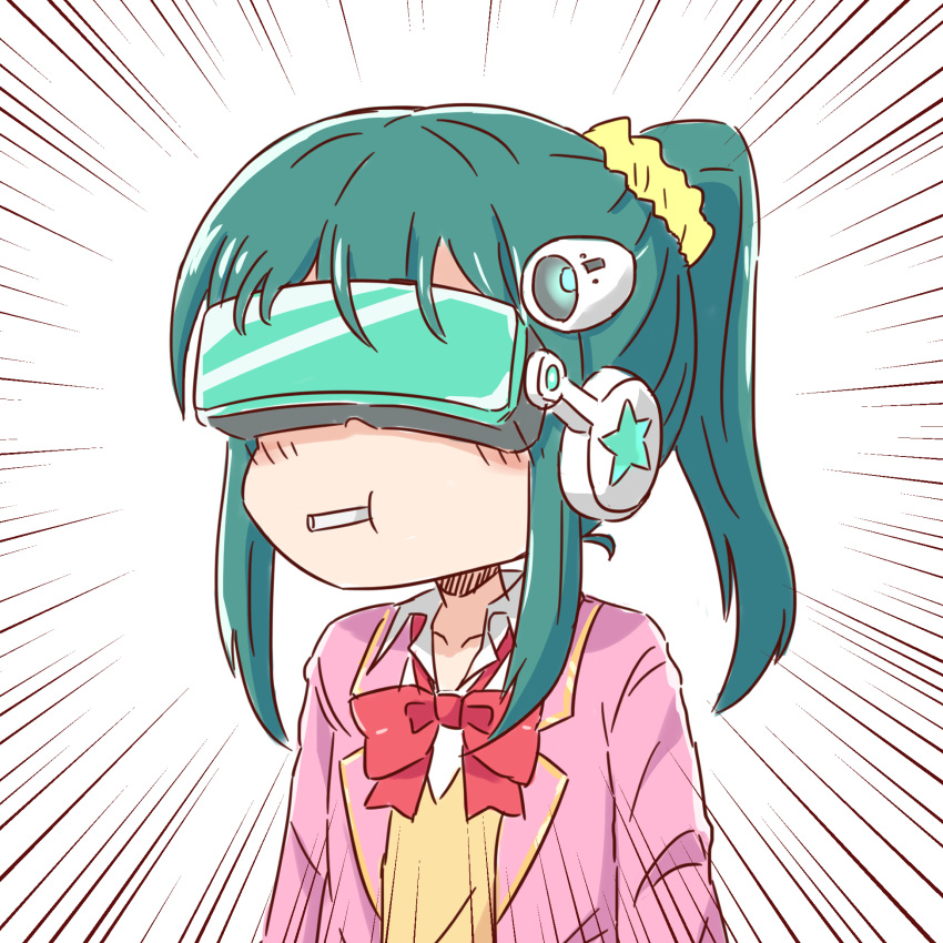 1girl bangs blush_stickers bow closed_mouth collared_shirt emphasis_lines green_eyes green_hair guriin hair_ornament hair_scrunchie head_mounted_display headgear highres jacket long_hair mouth_hold open_clothes open_jacket pink_jacket ponytail red_bow scrunchie serizawa_momoka shirt sidelocks simple_background solo sweater_vest tokyo_7th_sisters upper_body white_background white_shirt yellow_scrunchie