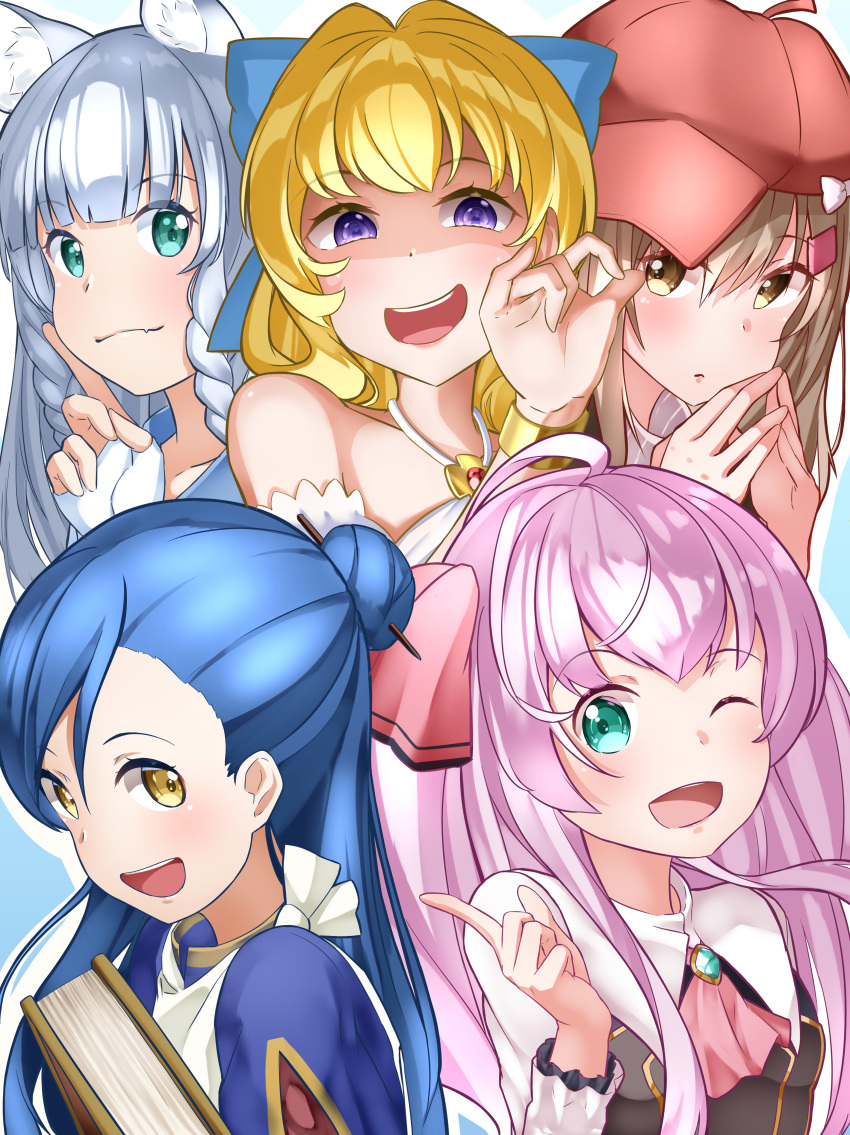 5girls :d ;d absurdres aqua_eyes blue_bow blue_eyes book bow braid brooch brown_eyes brown_hair check_character choujin_koukousei-tachi_wa_isekai_demo_yoyuu_de_ikinuku_you_desu! crossover fingerless_gloves gloves hair_bow hair_bun hair_ornament hair_stick hairclip hand_up hat hat_bow highres honzuki_no_gekokujou index_finger_raised jewelry kemonomichi kono_yuusha_ga_ore_tueee_kuse_ni_shinchou_sugiru long_hair looking_at_viewer maine_(honzuki_no_gekokujou) mile_(noukin) multiple_girls ojou-sama_pose one_eye_closed oohoshi_ringo open_mouth pink_hair red_bow red_headwear ristarte_(kono_yuusha_ga_ore_tueee_kuse_ni_shinchou_sugiru) season_connection shigure_(kemonomichi) smile takechii_(user_fpya5735) twin_braids watashi_nouryoku_wa_heikinchi_de_tte_itta_yo_ne! white_bow white_gloves