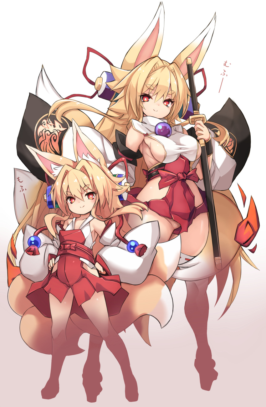 2girls animal_ears blonde_hair breasts closed_eyes detached_sleeves dual_persona eyebrows_visible_through_hair fox_ears fox_tail full_body hands_on_hips highres holding holding_sword holding_weapon izuna_(shinrabanshou) karukan_(monjya) katana long_hair looking_at_viewer medium_breasts multiple_girls multiple_tails red_eyes shinrabanshou sideboob simple_background smile standing sword tail thick_eyebrows thigh-highs weapon white_background white_legwear wide_sleeves younger