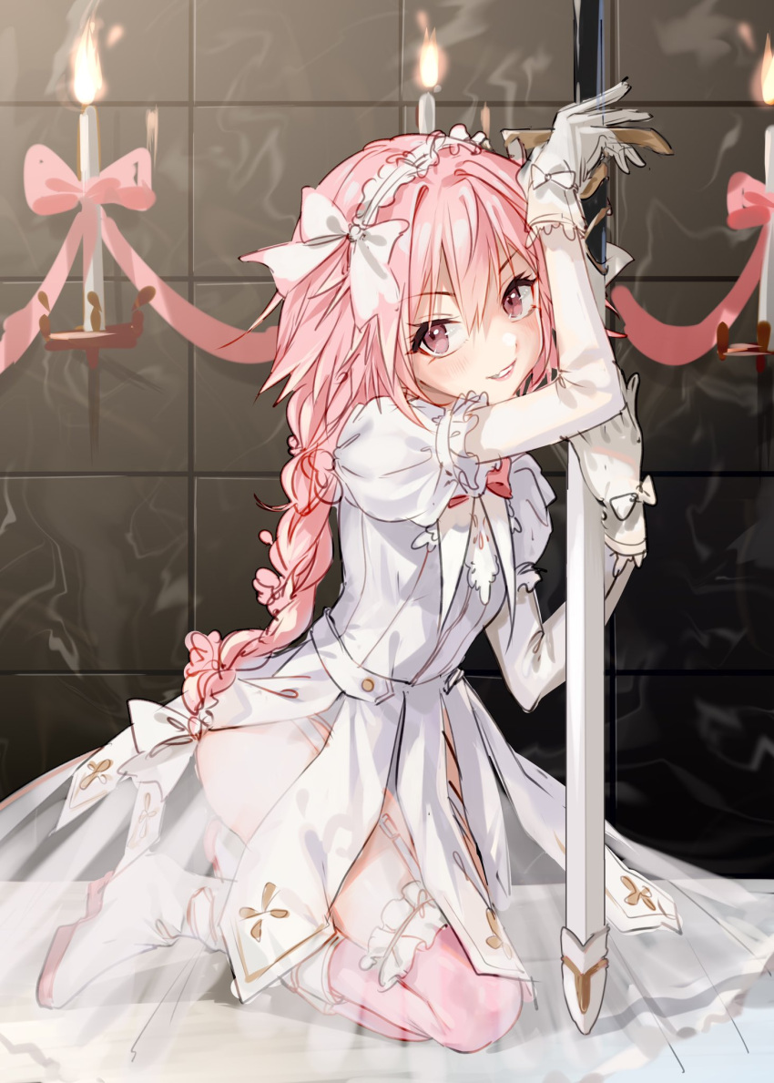 1boy al_mican astolfo_(fate) braid bridal_gauntlets bride dress elbow_gloves fate/apocrypha fate/grand_order fate_(series) frills garter_straps gloves hair_intakes highres long_braid male_focus multicolored_hair otoko_no_ko pink_hair single_braid streaked_hair sword thigh-highs violet_eyes weapon wedding_dress white_dress