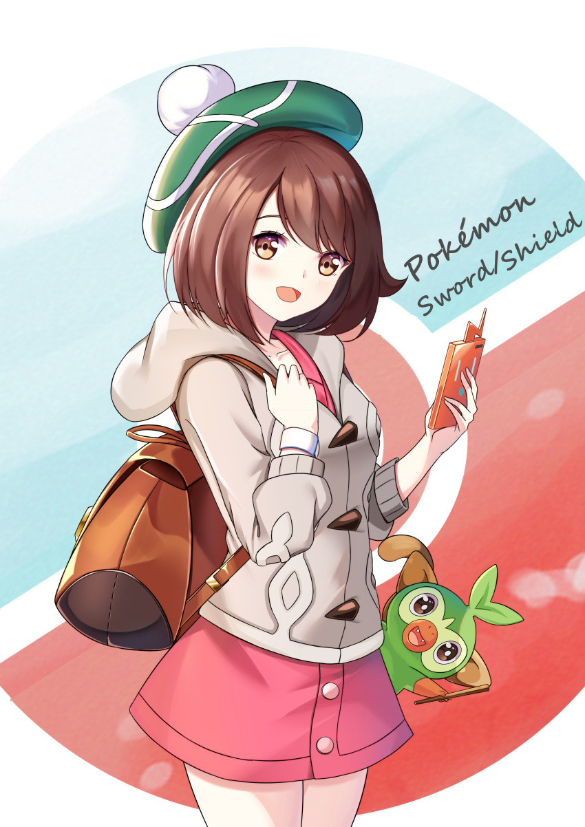 1girl absurdres backpack bag bangs blush bob_cut brown_eyes brown_hair cardigan commentary_request copyright_name dress flan_(f_l_an) gen_8_pokemon green_headwear grey_cardigan grookey hat highres holding long_sleeves looking_at_viewer open_mouth pink_dress poke_ball pokemon pokemon_(creature) pokemon_(game) pokemon_swsh short_hair smile tam_o'_shanter yuuri_(pokemon)