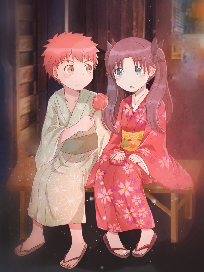 1boy 1girl apple asin_buy black_hair blue_eyes brown_eyes candy_apple emiya_shirou fate/stay_night fate_(series) floral_print food fruit highres japanese_clothes kimono outdoors red_kimono redhead sandals sitting toosaka_rin twintails wide_sleeves yellow_eyes yukata