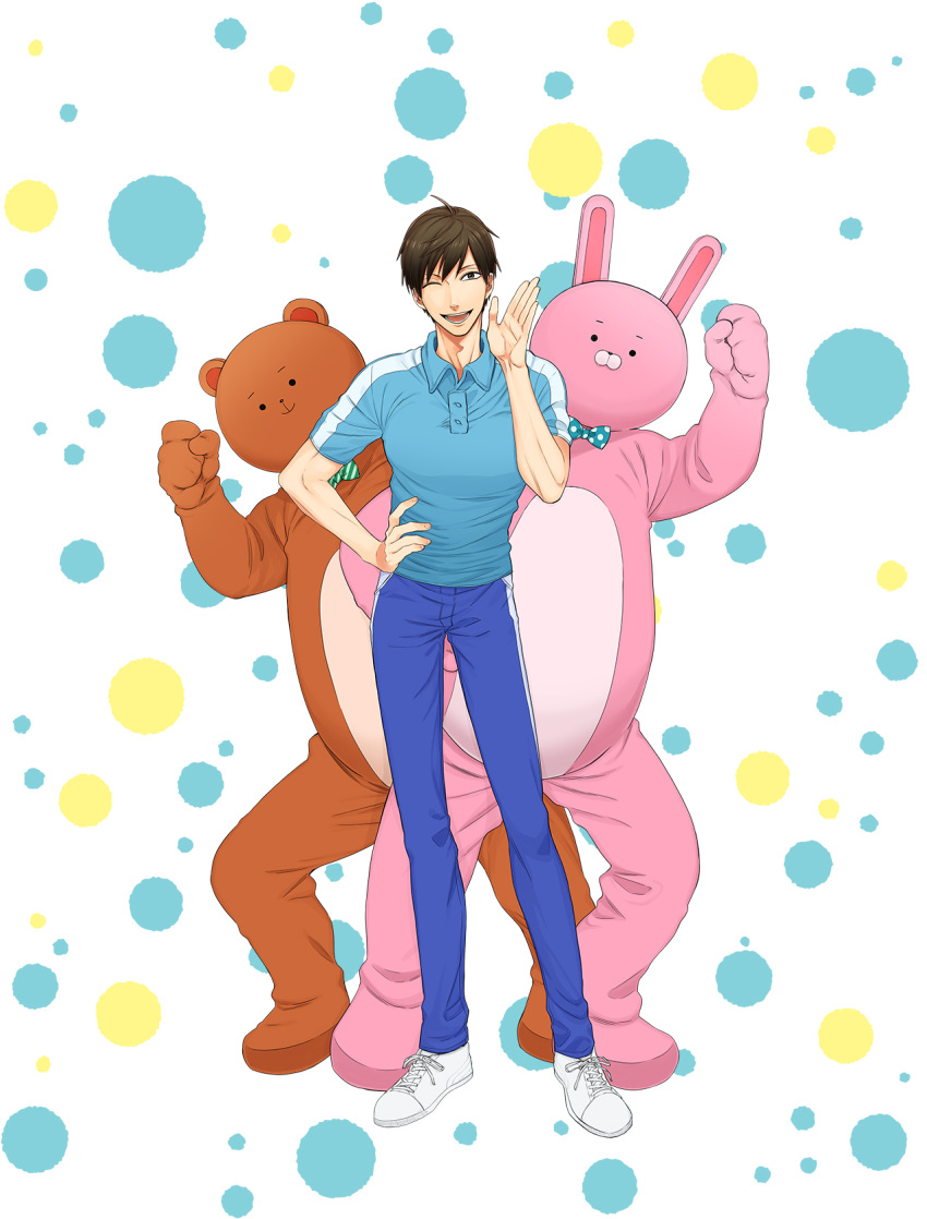 1boy ahoge animal_costume blue_pants blue_shirt bow bowtie brown_hair clenched_hand hand_on_hip highres key_visual official_art omota_uramichi one_eye_closed open_clothes pants shirt shoes short_hair short_sleeves smile sneakers uramichi_onii-san waving_arm white_footwear