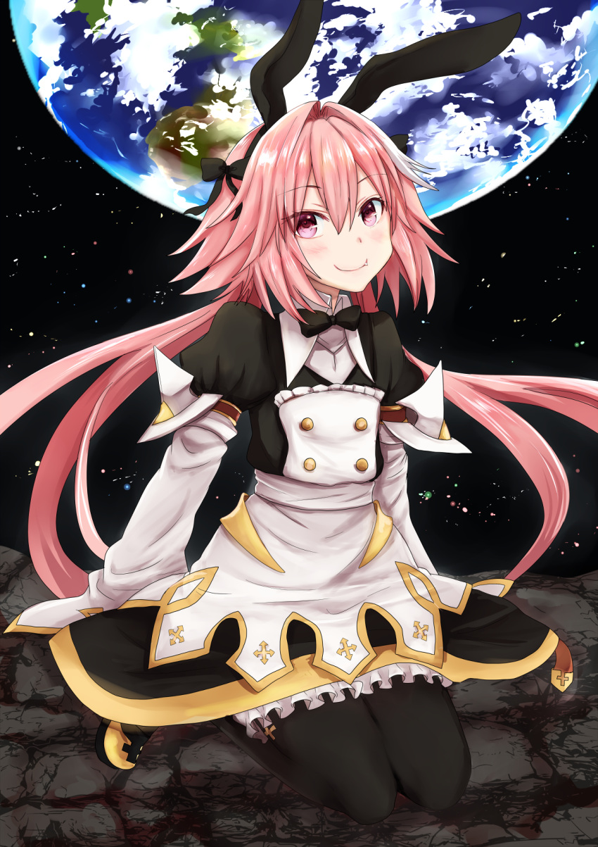 1boy astolfo_(fate) astolfo_(saber)_(fate) bangs black_bow black_gloves black_legwear black_ribbon blush bow bowtie commentary_request dress earth eyebrows_visible_through_hair fang fate/grand_order fate_(series) gloves hair_between_eyes hair_bow hair_intakes hair_ribbon highres kakan_(amka) long_hair long_sleeves looking_at_viewer multicolored_hair otoko_no_ko pink_hair ribbon smile solo streaked_hair twintails violet_eyes white_hair