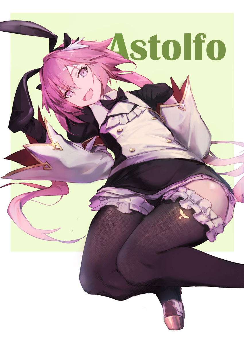 1boy astolfo_(fate) astolfo_(saber)_(fate) bangs bk201 black_bow black_gloves black_legwear black_ribbon blush bow bowtie character_name commentary_request dress fang fate/apocrypha fate/grand_order fate_(series) frills gloves hair_bow hair_intakes hair_ornament hair_ribbon highres long_hair long_sleeves looking_at_viewer multicolored_hair otoko_no_ko pink_hair ribbon skin_fang solo streaked_hair thigh-highs twintails violet_eyes white_hair
