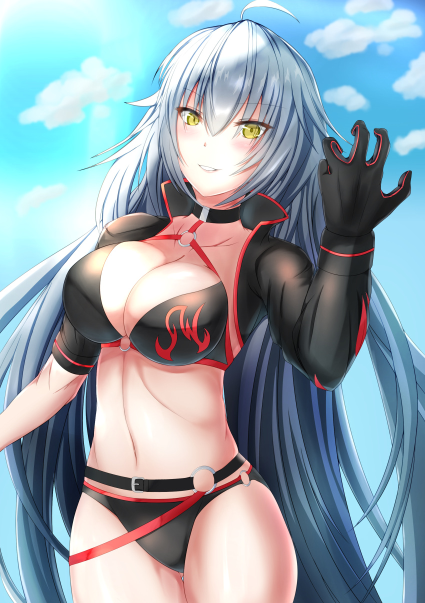1girl absurdres ahoge ass_visible_through_thighs bikini blue_sky blush breasts choker clouds cowboy_shot fate/grand_order fate_(series) gloves grey_hair hair_between_eyes hand_up highres jeanne_d'arc_(alter)_(fate) jeanne_d'arc_(alter_swimsuit_berserker) jeanne_d'arc_(fate)_(all) jewelry large_breasts long_hair messy_hair navel o-ring o-ring_bikini shrug_(clothing) sky smile solo swimsuit thighs tiri_man very_long_hair yellow_eyes