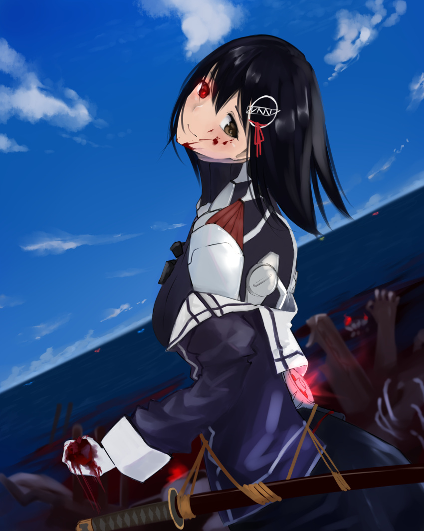 1girl 73suke absurdres android black_hair black_skirt blood blood_on_face bloody_clothes bloody_hands blue_sky brown_eyes clouds day gloves glowing glowing_eye haguro_(kantai_collection) hair_ornament head_tilt heterochromia highres kantai_collection katana long_sleeves looking_at_viewer looking_back ocean outdoors parts_exposed red_eyes remodel_(kantai_collection) shaft_look sheath sheathed short_hair skirt sky smile solo sword water weapon white_gloves