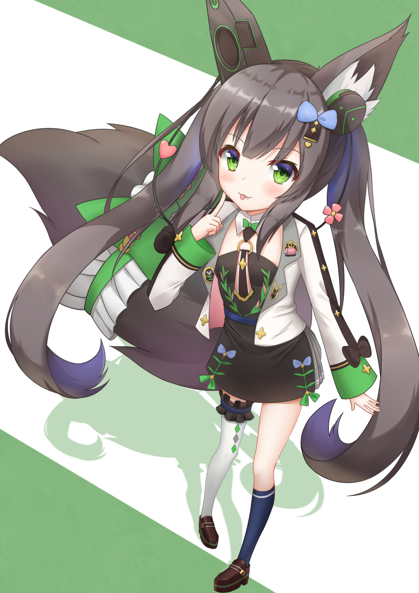 1girl 943744252 absurdres animal_ears black_hair blush chigusa_hana chigusa_hana_channel commentary_request fang finger_to_cheek flat_chest fox_ears fox_tail full_body green_eyes hair_ornament headphones highres jacket long_hair looking_at_viewer mechanical_parts ribbon shadow single_thighhigh solo tail thigh-highs tongue tongue_out twintails virtual_youtuber