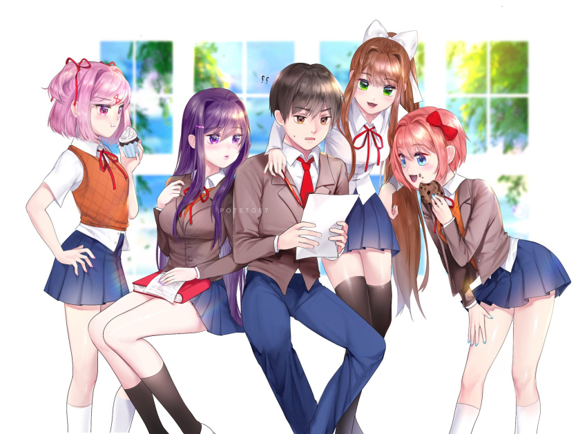 1boy 4girls :d :t ? arm_around_shoulder artist_name bangs black_hair black_legwear blue_nails blue_pants blue_skirt book bow brown_eyes brown_hair commentary cookie cupcake doki_doki_literature_club eating english_commentary eyebrows_visible_through_hair food food_on_face green_eyes grey_jacket hair_between_eyes hair_bow hair_ornament hair_ribbon hairclip hand_on_hip highres holding holding_paper jacket kneehighs leaning_forward long_hair long_sleeves mechanical_pencil monika_(doki_doki_literature_club) multiple_girls natsuki_(doki_doki_literature_club) necktie open_mouth orange_vest pants paper pencil pink_eyes pink_hair pink_nails pleated_skirt ponytail potetos7 protagonist_(doki_doki_literature_club) purple_hair purple_nails red_bow red_nails red_neckwear red_ribbon ribbon sayori_(doki_doki_literature_club) school_uniform shirt short_hair short_sleeves sitting skirt smile thigh-highs two_side_up very_long_hair vest violet_eyes white_legwear white_ribbon white_shirt wing_collar yuri_(doki_doki_literature_club)