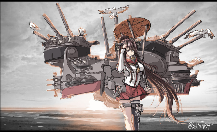 1girl bird breasts brown_hair happy_new_year highres kantai_collection large_breasts letterboxed long_hair looking_at_viewer new_year painterly parasol ponytail rigging salute seagull seitei_(04seitei) shell signature single_thighhigh smile solo thigh-highs turret twitter_username umbrella yamato_(kantai_collection)