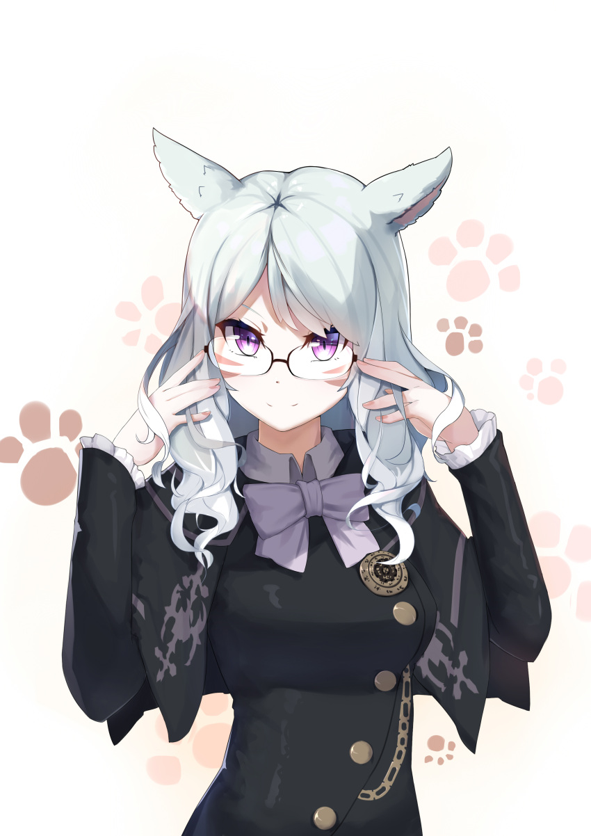 &gt;:) 1girl absurdres animal_ears bangs black_capelet bow bowtie breasts capelet closed_mouth commentary_request facial_mark final_fantasy final_fantasy_xiv frilled_sleeves frills glasses hands_up highres long_hair long_sleeves looking_at_viewer medium_breasts miqo'te paw_background purple_bow purple_neckwear rimless_eyewear silver_hair smile smug solo upper_body violet_eyes whisker_markings