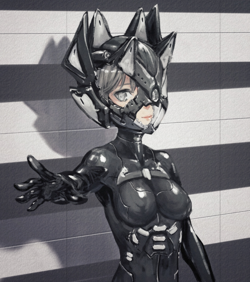 1girl arm_up black_bodysuit black_gloves bodysuit closed_mouth commentary_request gloves grey_eyes helmet highres looking_at_viewer original outstretched_arm pink_lips shadow short_hair silver_hair smile solo upper_body wall yumikoyama49