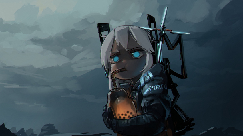 1girl :t artist_name bangs blue_eyes bubble_tea clothes_writing clouds cloudy_sky cosplay death_stranding drinking drinking_straw drinking_straw_in_mouth grey_hair highres no_pupils odradek outdoors parody porforever sam_porter_bridges sam_porter_bridges_(cosplay) sky solo