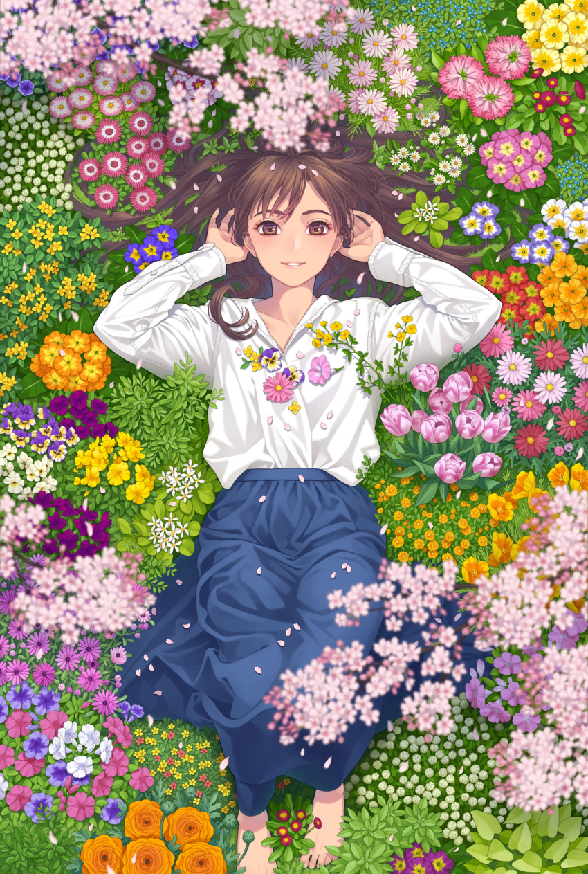 1girl bangs barefoot blue_skirt brown_eyes brown_hair bud cherry_blossoms day dress_shirt feet_out_of_frame field flower flower_field flower_request forget-me-not_(flower) from_above grass hands_up highres knees_up long_hair long_sleeves looking_at_viewer lying minami_(minami373916) morning_glory nature on_back on_ground orange_flower original parted_lips petals pink_flower plant purple_flower red_flower shirt skirt smile tulip white_flower white_shirt yellow_flower