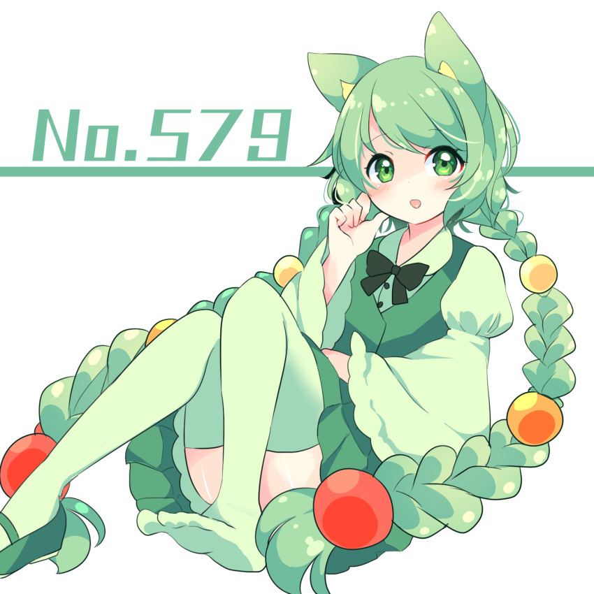 animal_ears blush bow bowtie braid convenient_leg full_body green_eyes green_footwear green_legwear green_skirt hand_up highres looking_at_viewer ougi_hina personification pokemon reuniclus shoes simple_background single_shoe sitting skirt twin_braids white_background wide_sleeves