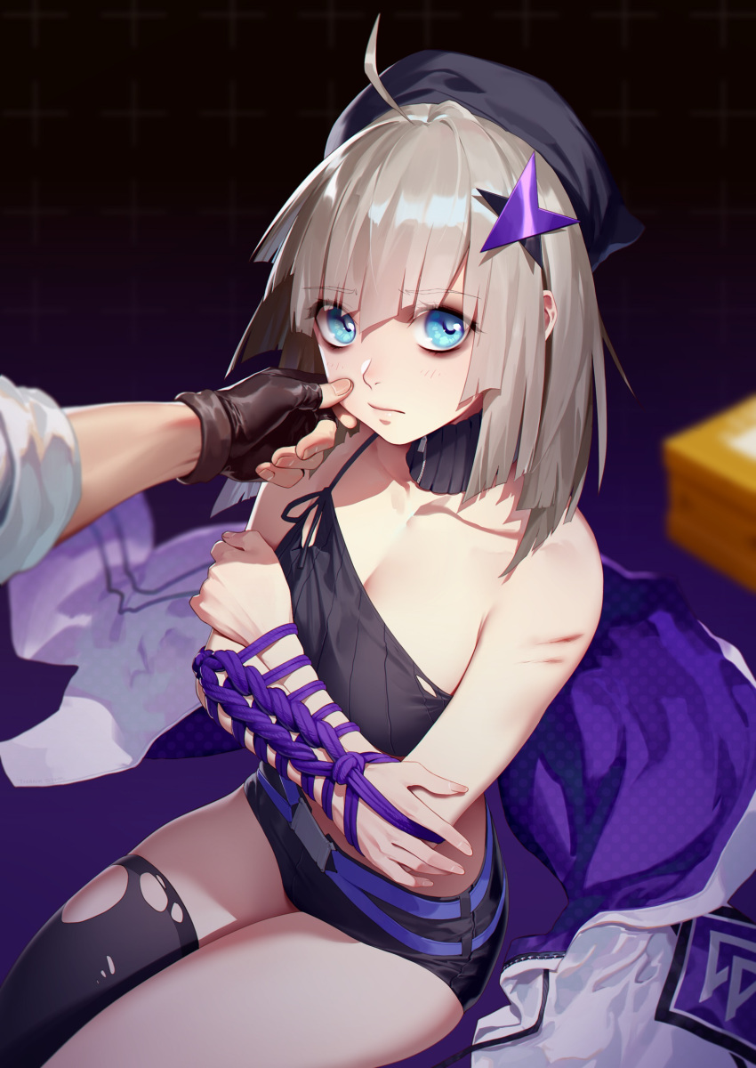 1boy 1girl aa-12_(girls_frontline) absurdres ahoge bags_under_eyes bangs bare_shoulders belt beret black_gloves black_legwear blue_eyes blush bound bound_arms breasts cheek_pinching daye_bie_qia_lian detached_collar eyebrows_visible_through_hair fingerless_gloves girls_frontline gloves hair_ornament hat highres jacket jacket_removed looking_at_viewer pinching platinum_blonde_hair pov shorts single_thighhigh sitting sleeves_rolled_up spaghetti_strap thigh-highs torn_clothes torn_legwear zipper