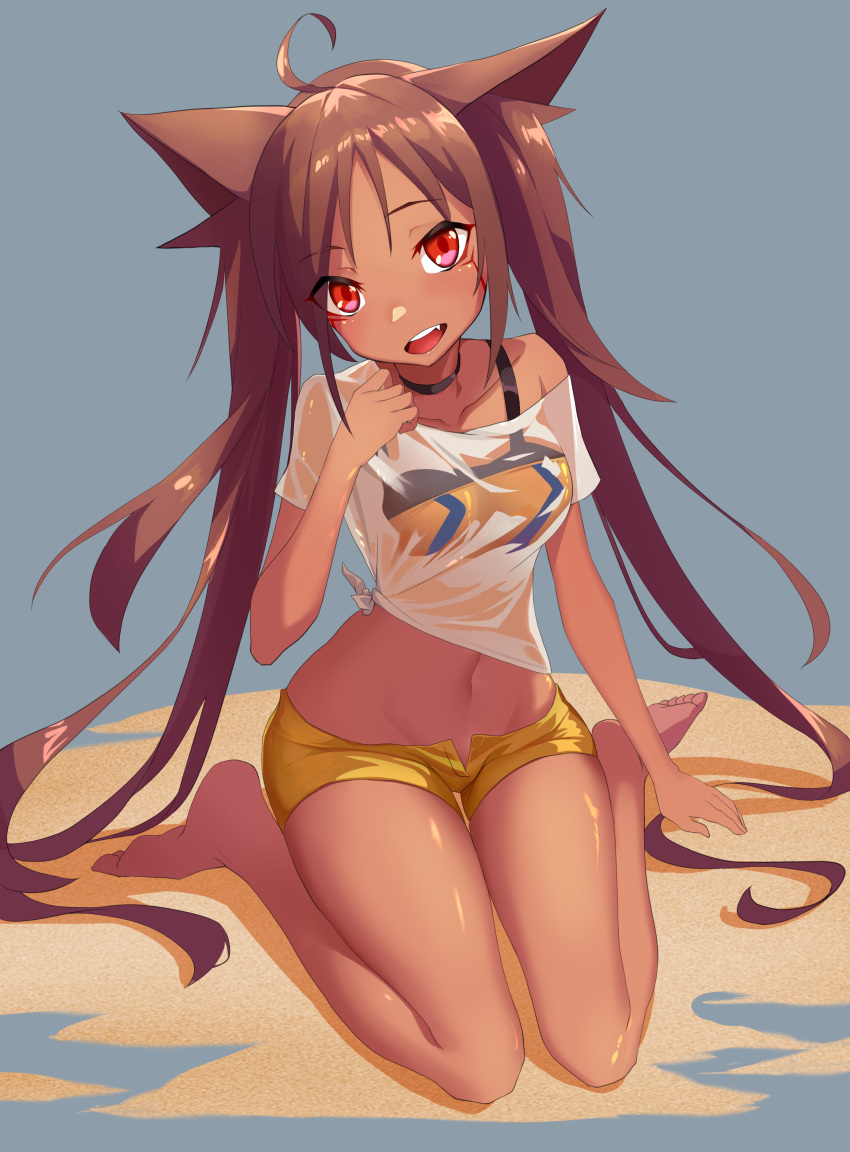 1girl :d absurdres ahoge animal_ears bare_legs barefoot bikini bikini_top bikini_under_clothes black_bikini_top black_choker blush brown_hair cat_ears choker commentary_request dark_skin facial_mark fang full_body grey_background hand_on_own_chest head_tilt highres long_hair looking_at_viewer navel open_clothes open_fly open_mouth open_shorts original red_eyes sand see-through shirt short_shorts short_sleeves shorts simple_background sitting smile soukou_(koicen) swimsuit tied_shirt twintails upper_teeth very_long_hair wariza wet wet_clothes wet_shirt yellow_shorts
