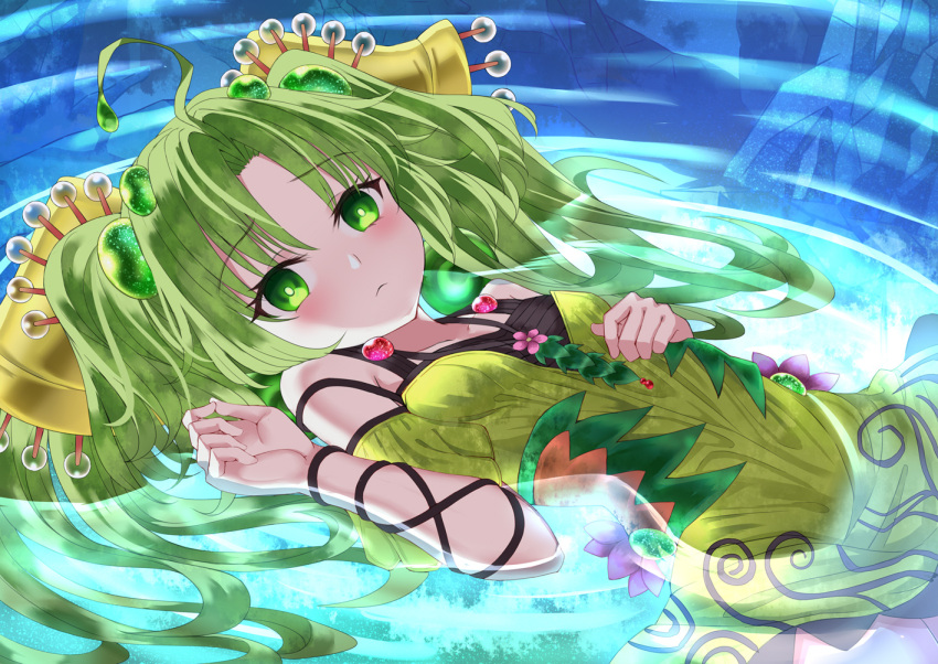 1girl ahoge bangs bare_shoulders blush breasts collarbone commentary_request cowboy_shot dress duel_monster eyebrows_visible_through_hair flower frown green_dress green_eyes green_hair hair_ornament hand_on_own_stomach jewelry lazupeace leaf long_hair looking_at_viewer lying_on_water parted_bangs ripples small_breasts solo traptrix_sera twintails very_long_hair water water_surface yuu-gi-ou