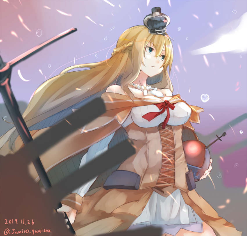 1girl blonde_hair blue_eyes blue_sky braid cannon clouds commentary_request corset crown dated dress flower french_braid globus_cruciger highres jamiro_quaison kantai_collection long_hair long_sleeves machinery mini_crown off-shoulder_dress off_shoulder red_flower red_ribbon red_rose ribbon rose scepter sky solo standing twitter_username warspite_(kantai_collection) white_dress