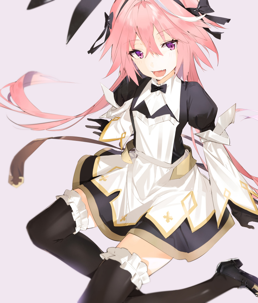 1boy aida_(chinhung0612) astolfo_(fate) astolfo_(saber)_(fate) bangs black_bow black_gloves black_legwear black_ribbon blush bow bowtie commentary_request dress fang fate/grand_order fate_(series) frills gloves hair_bow hair_intakes hair_ribbon highres long_hair long_sleeves looking_at_viewer multicolored_hair open_mouth otoko_no_ko pink_hair ribbon solo streaked_hair thigh-highs twintails violet_eyes white_hair