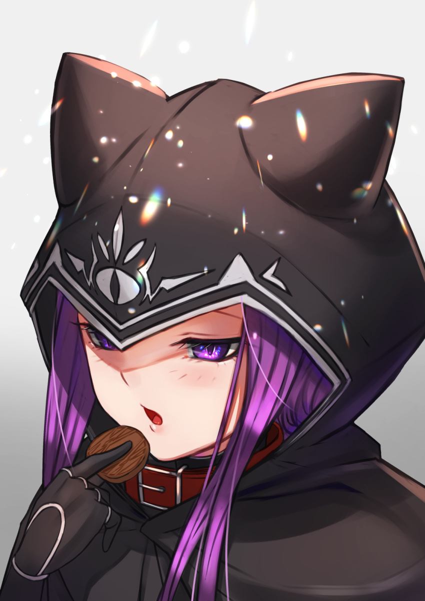 1girl :o announ_(kurotya) black_gloves blush buckle cloak collar cookie fate/grand_order fate_(series) food gloves grey_background highres holding holding_food hood hood_up hooded_cloak medusa_(lancer)_(fate) open_mouth purple_hair shaded_face sidelocks simple_background solo violet_eyes