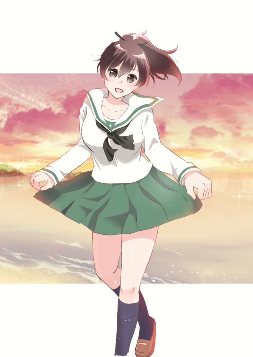 1girl absurdres bangs beach black_legwear black_neckwear black_ribbon blouse brown_eyes brown_footwear brown_hair clouds cloudy_sky commentary curtsey girls_und_panzer green_skirt hair_ribbon head_tilt highres koyama_yuzu loafers long_sleeves looking_at_viewer miniskirt multicolored multicolored_sky neckerchief ocean ooarai_school_uniform open_mouth orange_sky outside_border pink_sky pleated_skirt ribbon school_uniform serafuku shoes short_hair short_ponytail skirt sky smile socks solo sparkle standing touma_(tsunamiharuru) twilight white_blouse