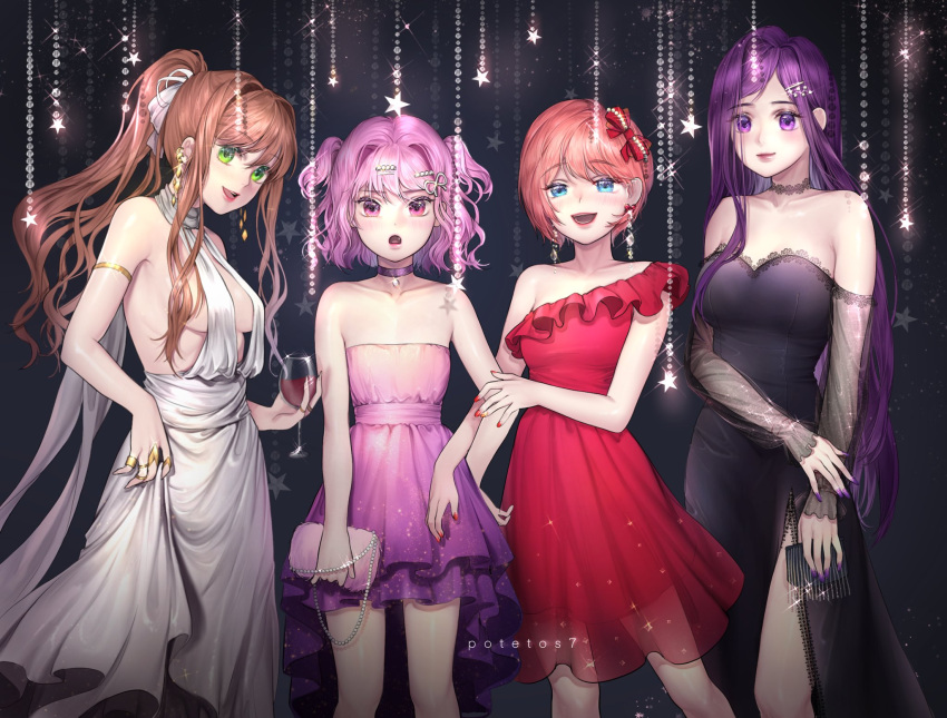 4girls :d alcohol alternate_costume alternate_hair_ornament armlet artist_name bangs bare_arms bare_shoulders black_dress blue_eyes bow breasts brown_hair choker collarbone commentary crystal_earrings cup d: doki_doki_literature_club dress drinking_glass earrings english_commentary eyebrows_visible_through_hair fang glint green_eyes hair_bow hair_ornament hair_ribbon hairclip hand_on_hip highres jewelry lipstick long_hair looking_at_viewer makeup medium_breasts monika_(doki_doki_literature_club) multiple_girls natsuki_(doki_doki_literature_club) open_mouth pink_dress pink_eyes pink_hair ponytail potetos7 purple_choker purple_hair purple_nails red_bow red_dress red_nails ribbon ring sayori_(doki_doki_literature_club) short_hair side_slit sideboob sidelocks single_bare_shoulder skirt_hold smile star strapless two_side_up very_long_hair violet_eyes white_dress white_ribbon wine wine_glass yuri_(doki_doki_literature_club)