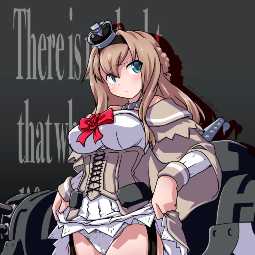1girl 547th_sy background_text bangs black_background blonde_hair blue_eyes blush braid breasts closed_eyes closed_mouth crown dress dress_lift english_text eyebrows_visible_through_hair flower french_braid garter_straps highres kantai_collection large_breasts long_hair mini_crown off-shoulder_dress off_shoulder panties red_flower red_neckwear red_rose rigging rose solo under_boob underwear warspite_(kantai_collection) white_panties