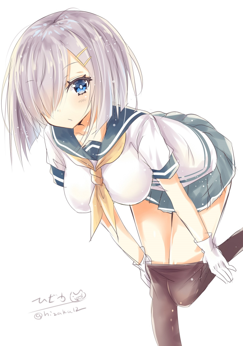 1girl black_legwear blue_eyes blush breasts dressing eyebrows_visible_through_hair gloves hair_between_eyes hair_ornament hair_over_one_eye hairclip hamakaze_(kantai_collection) highres hizaka kantai_collection large_breasts looking_at_viewer pantyhose school_uniform serafuku short_hair short_sleeves silver_hair simple_background skirt solo twitter_username white_background white_gloves