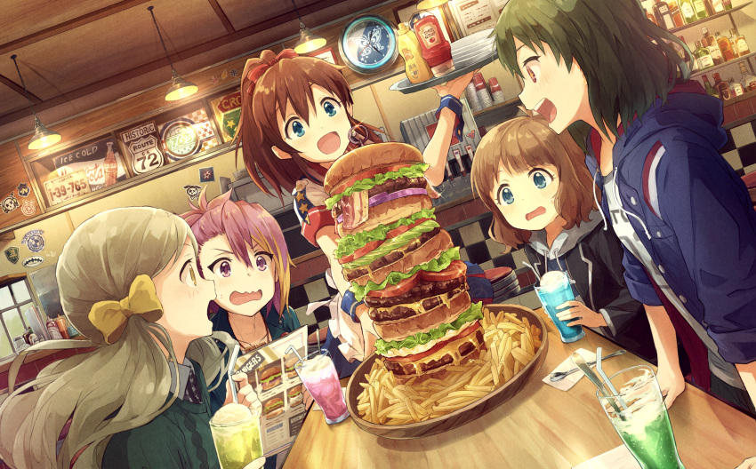 5girls bacon blue_eyes blush brown_hair diner dutch_angle earrings fast_food food food_awe french_fries green_eyes hair_ornament hamburger handa_roko highres hood hoodie ice_cream ice_cream_float idolmaster idolmaster_million_live! idolmaster_million_live!_theater_days jewelry ketchup long_hair maihama_ayumu marimo_(momiage) menu multiple_girls mustard nagayoshi_subaru open_mouth pink_hair ponytail restaurant satake_minako short_hair sparkle suou_momoko too_many too_much_hamburger