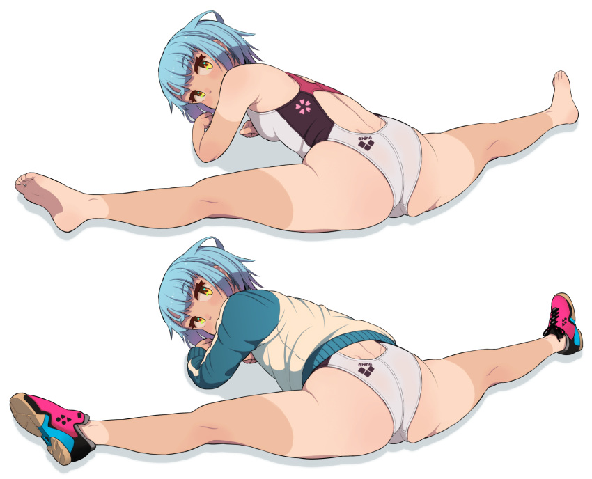 back_cutout bare_arms bare_legs bare_shoulders barefoot blue_hair breasts competition_swimsuit covered_mouth from_behind full_body gymnastics highres jacket leaning_forward long_sleeves looking_at_viewer looking_back multiple_views neyuki_rei one-piece_swimsuit one-piece_tan original shoe_soles short_hair simple_background small_breasts spread_legs stretch swimsuit swimsuit_under_clothes tan tanline track_jacket two-tone_footwear variations white_background yellow_eyes