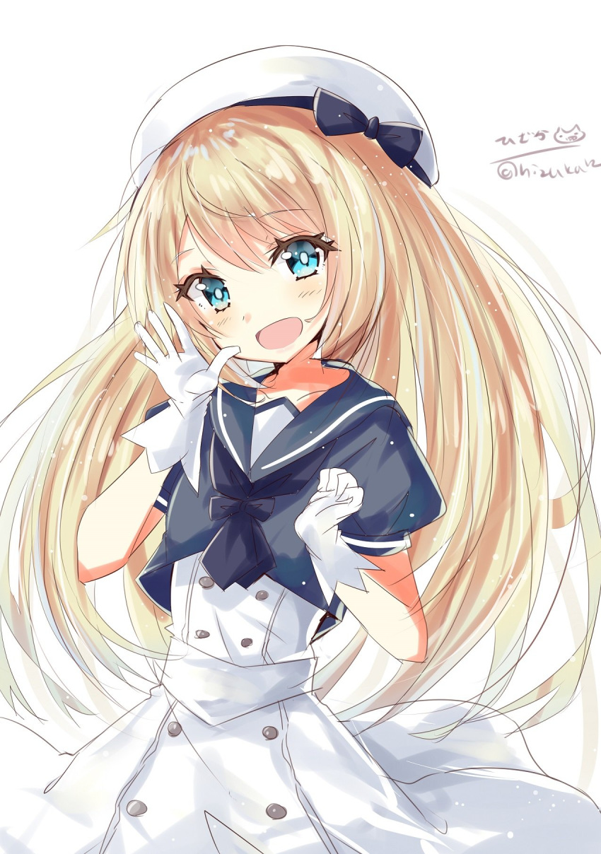 1girl blonde_hair blue_eyes blue_sailor_collar blush dress eyebrows_visible_through_hair gloves hair_between_eyes hat highres hizaka jervis_(kantai_collection) kantai_collection long_hair looking_at_viewer open_mouth sailor_collar sailor_dress sailor_hat short_sleeves simple_background smile solo very_long_hair white_background white_dress white_gloves white_headwear