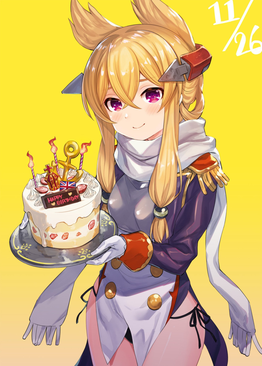 1girl akanagi_youto anchor azur_lane bangs black_panties blonde_hair blush breasts cake candle commentary_request cowboy_shot dated epaulettes fire flame food gloves gradient gradient_background hair_between_eyes happy_birthday headgear highres holding holding_food long_hair long_sleeves looking_at_viewer panties pointy_hair scarf side-tie_panties sidelocks small_breasts smile solo standing underwear union_jack violet_eyes warspite_(azur_lane) white_gloves white_scarf yellow_background