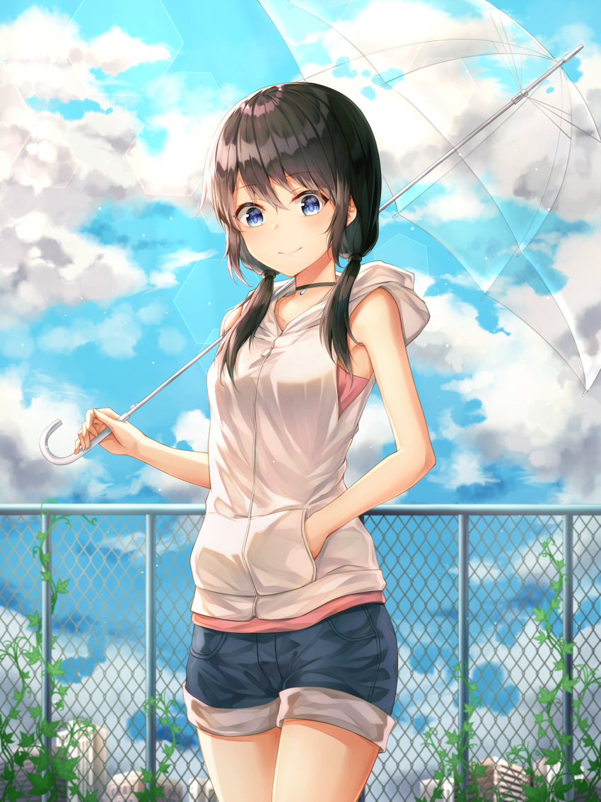 1girl absurdres amano_hina_(tenki_no_ko) bangs bare_arms bare_shoulders black_hair blue_eyes blush choker clouds commentary_request eyebrows_visible_through_hair gyungsin highres holding holding_umbrella hood hood_down hooded_jacket jacket long_hair looking_at_viewer low_twintails outdoors short_shorts shorts sky sleeveless sleeveless_jacket smile solo tenki_no_ko transparent transparent_umbrella twintails umbrella