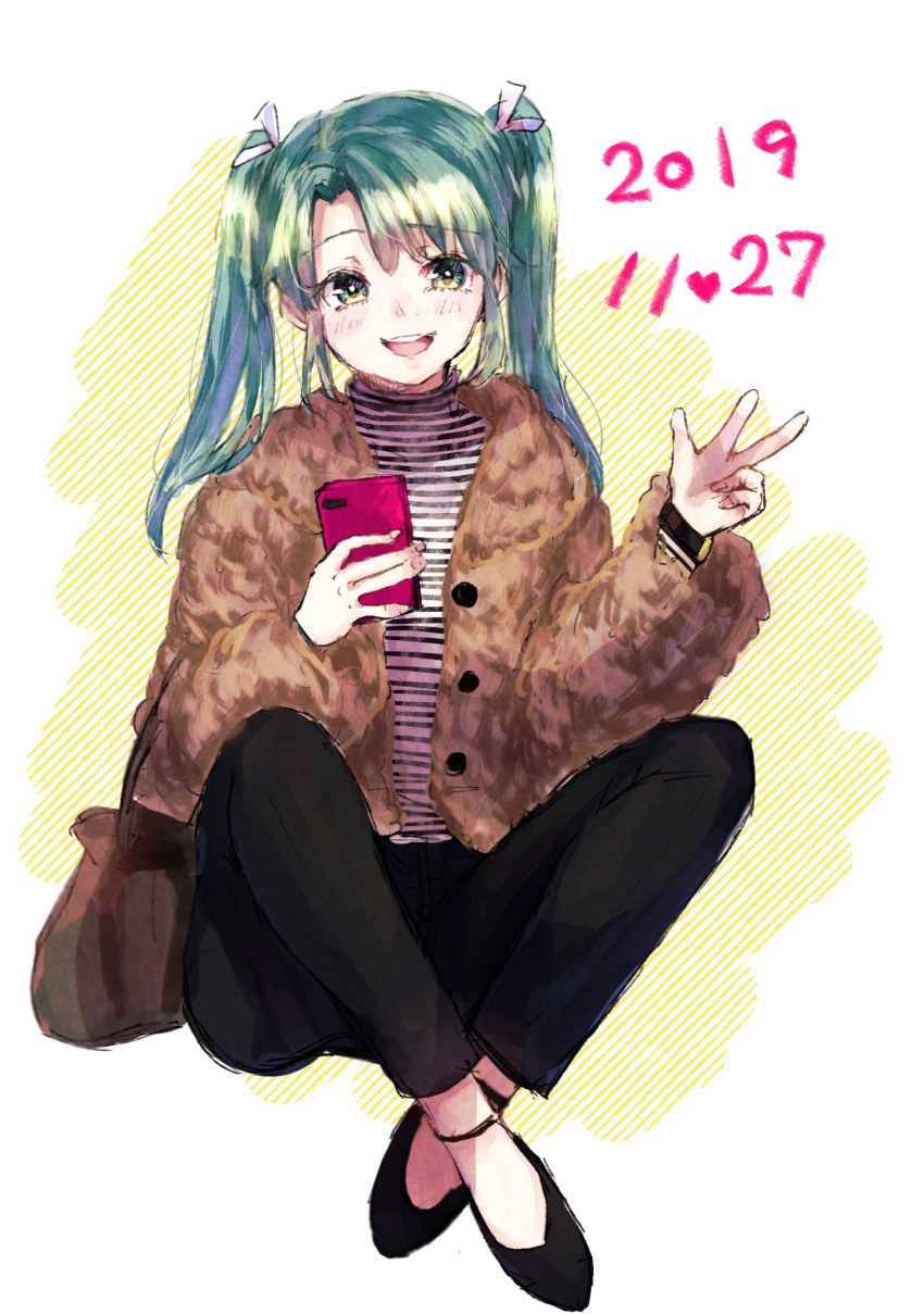 1girl absurdres alternate_costume black_footwear black_pants breasts cellphone commentary_request crossed_legs dark_green_hair fur_jacket green_eyes hair_ribbon highres kantai_collection long_hair long_sleeves mochiko_(mocchikkoo) pants phone ribbon seiza shirt sitting small_breasts smile striped striped_shirt twintails white_background yellow_background yellow_eyes zuikaku_(kantai_collection)