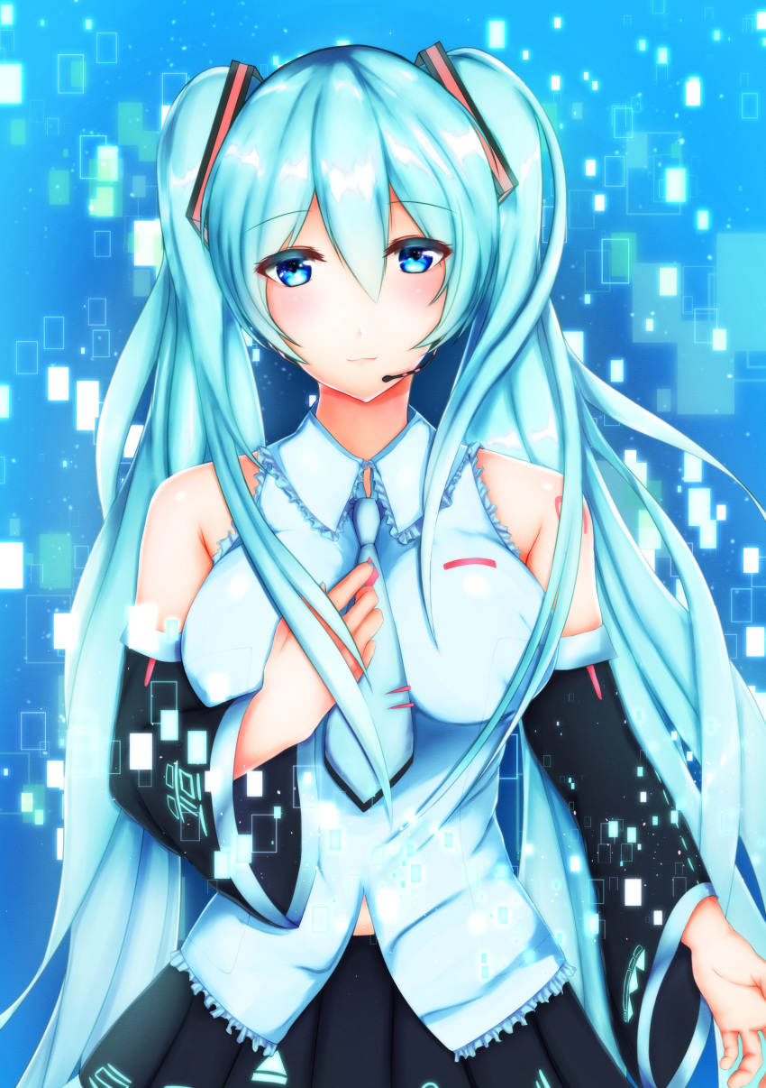 1girl absurdres aqua_hair aqua_neckwear bare_shoulders black_skirt blue_eyes blush breasts cowboy_shot detached_sleeves hair_between_eyes hand_on_own_chest hatsune_miku headset highres large_breasts long_hair necktie skirt smile solo tiri_man twintails vest vocaloid wide_sleeves