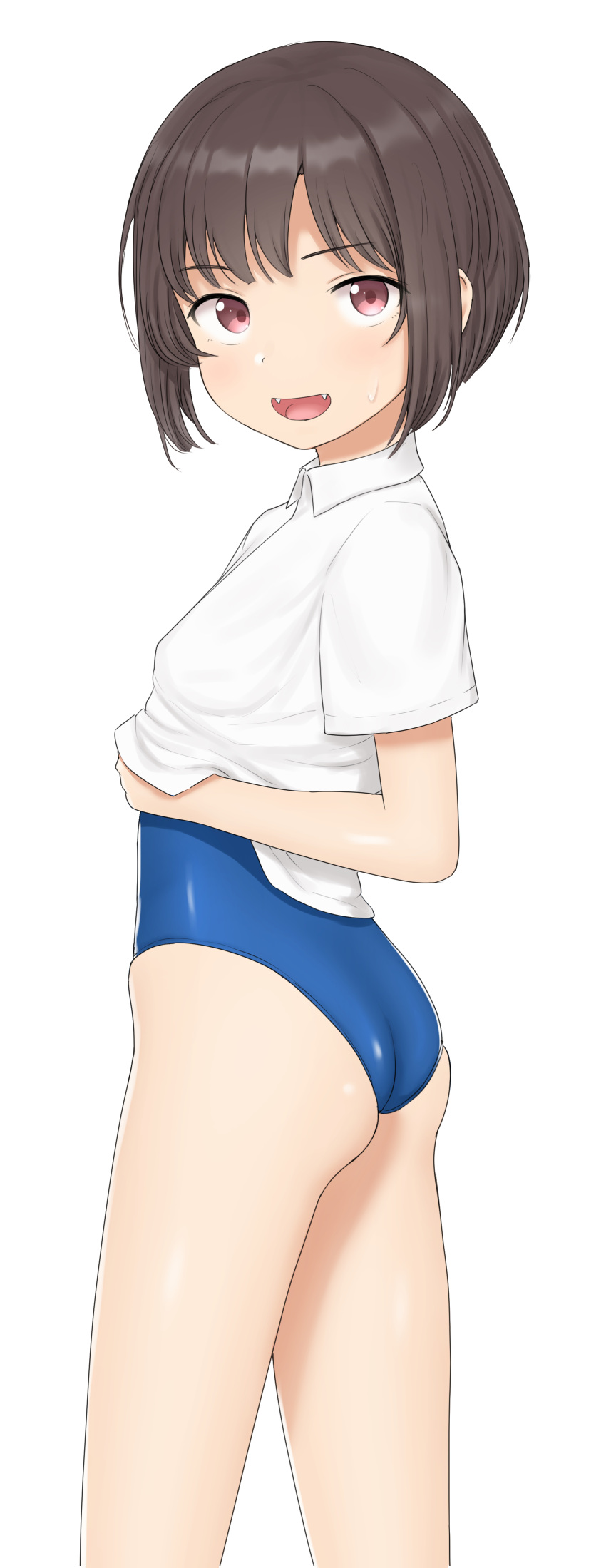 1girl absurdres ass blue_swimsuit brown_hair collared_shirt cowboy_shot fangs highres lifted_by_self looking_at_viewer looking_back nyarukac original red_eyes shirt shirt_lift short_hair short_ponytail simple_background smile solo standing swimsuit swimsuit_under_clothes white_background white_shirt