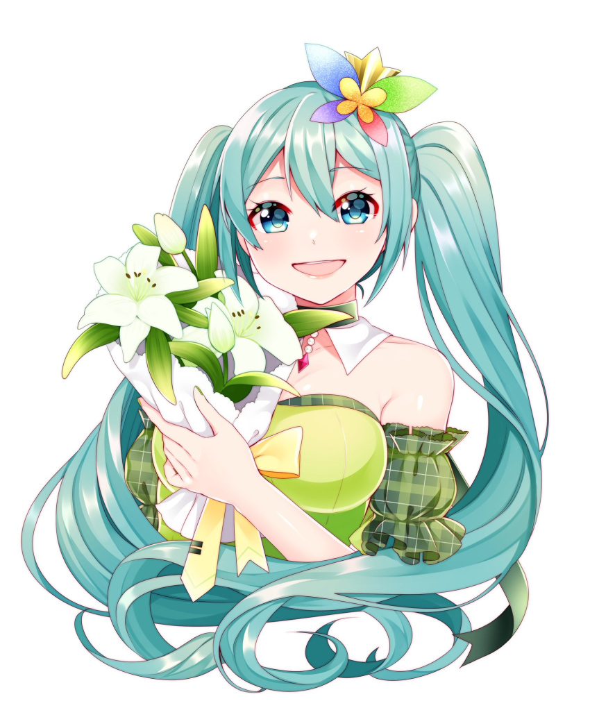 1girl alternate_costume aqua_eyes aqua_hair bare_shoulders bouquet bow breasts butterfly_hair_ornament collar collarbone commentary detached_collar dress flower frilled_sleeves frills green_dress green_sleeves hair_ornament hatsune_miku highres holding holding_bouquet light_blush lily_(flower) long_hair looking_at_viewer masumofu medium_breasts necktie open_mouth plaid_sleeves smile solo strapless strapless_dress twintails upper_body very_long_hair vocaloid white_background yellow_neckwear