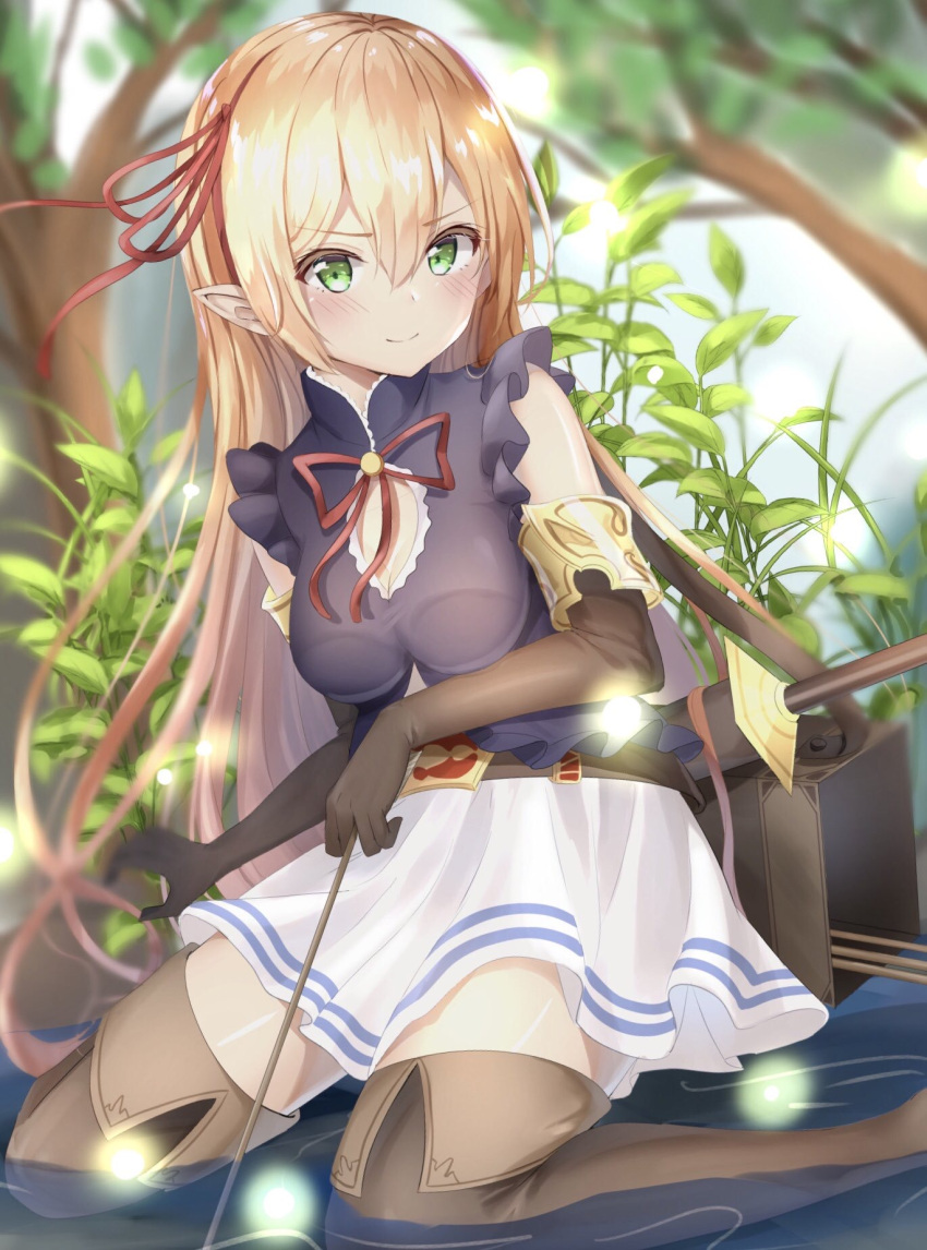 1girl arisa_(shadowverse) bangs bare_shoulders belt blonde_hair blush boots breasts commentary elbow_gloves elf eyebrows_visible_through_hair gloves green_eyes hair_ribbon highres holding in_water kichi_(kichifav) kneeling long_hair looking_at_viewer medium_breasts pointy_ears princess_connect! princess_connect!_re:dive red_ribbon ribbon shadowverse skirt smile solo thigh-highs thigh_boots
