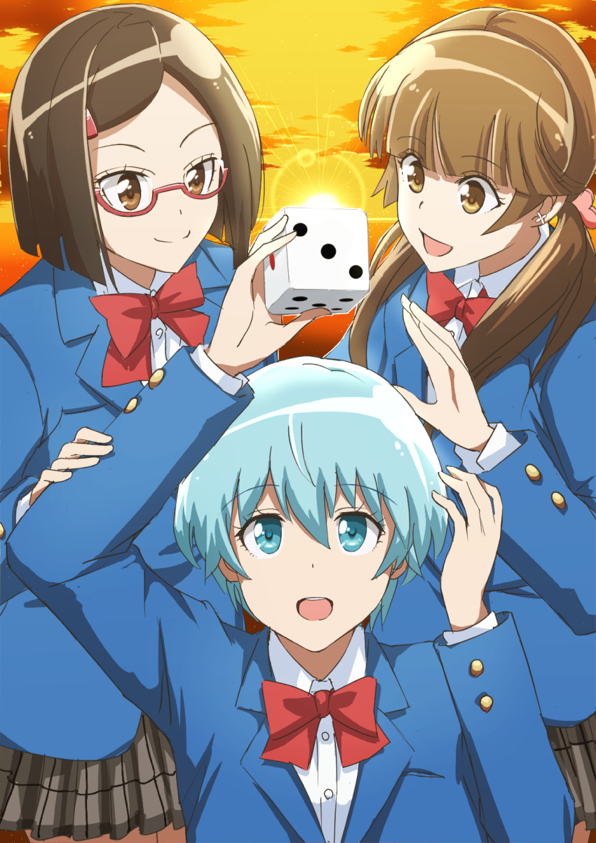 3girls :d bangs blazer blue_eyes blue_hair blue_jacket blunt_bangs bow brown_hair clouds dice earrings grey_skirt hair_ornament hairclip highres honma0220 houkago_saikoro_club jacket jewelry long_sleeves low_twintails multiple_girls oono_midori open_mouth red_bow school_uniform short_hair skirt smile standing sunset takayashiki_aya takekasa_miki twintails yellow_sky