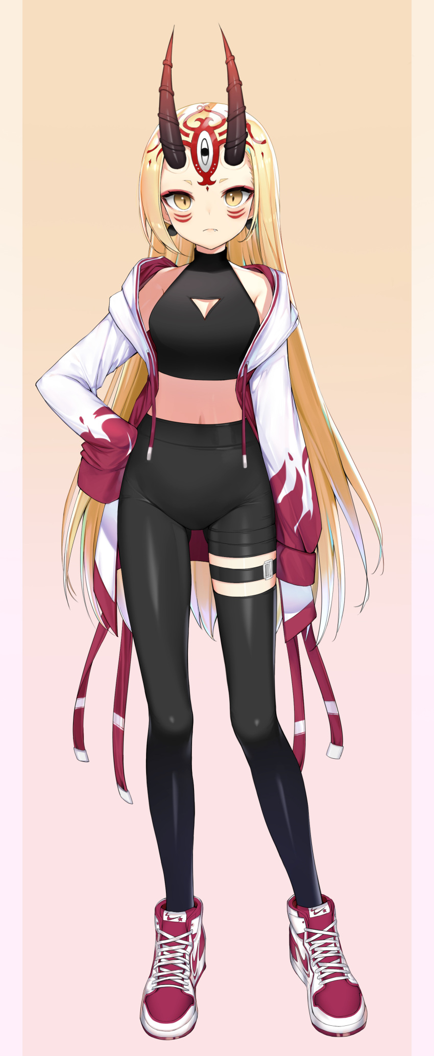 1girl absurdres asymmetrical_clothes bare_shoulders black_legwear black_pants black_shirt blonde_hair cleavage_cutout closed_mouth crop_top drawstring facial_mark fate/grand_order fate_(series) full_body hand_on_hip highres ibaraki_douji_(fate/grand_order) jacket long_hair long_sleeves looking_at_viewer midriff off_shoulder oni_horns open_clothes open_jacket pants shirt shoes single_pantsleg single_thighhigh sleeveless sleeveless_shirt sleeves_past_fingers sleeves_past_wrists sneakers solo standing thigh-highs thigh_strap tttanggvl very_long_hair white_jacket yellow_eyes