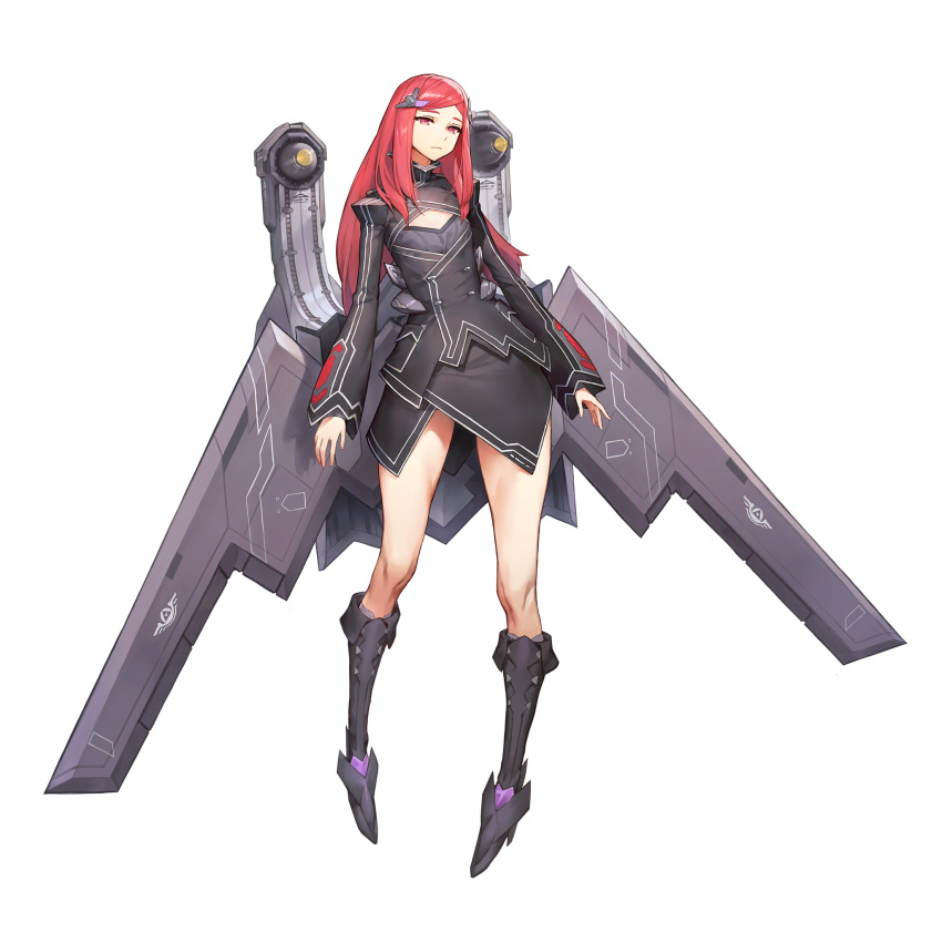 1girl b-11_night_angel bangs black_dress boots cleavage_cutout dress flat_chest full_body hair_ornament hairclip highres kakiman last_origin looking_at_viewer red_eyes redhead simple_background solo tachi-e transparent_background wings