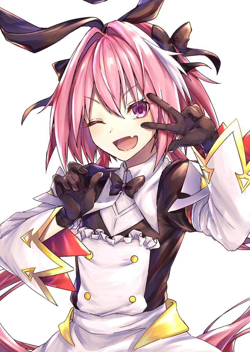 1boy astolfo_(fate) astolfo_(saber)_(fate) bangs black_bow black_ribbon blush bow dress fang fate/grand_order fate_(series) guribato hair_between_eyes hair_bow hair_intakes hair_ribbon highres long_hair long_sleeves looking_at_viewer multicolored_hair one_eye_closed open_mouth otoko_no_ko pink_hair ribbon simple_background smile solo streaked_hair twintails violet_eyes w white_background white_hair