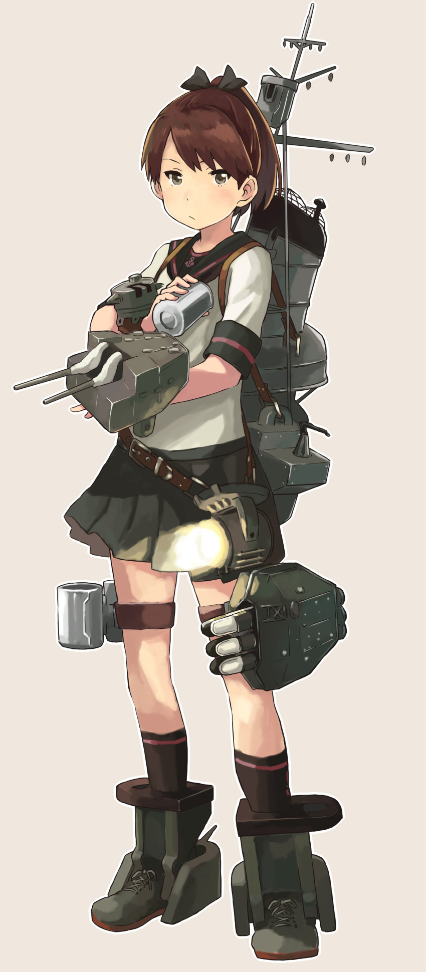 1girl absurdres adapted_turret black_sailor_collar black_skirt brown_eyes brown_hair cannon commentary commentary_request depth_charge full_body grey_background highres kantai_collection looking_at_viewer machinery matsutani original_remodel_(kantai_collection) pleated_skirt ponytail sailor_collar school_uniform serafuku shikinami_(kantai_collection) short_hair simple_background skirt smokestack solo standing torpedo_launcher turret