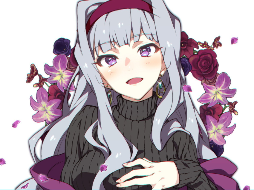 1girl black_sweater blush earrings floral_background flower hairband hand_on_own_chest idolmaster idolmaster_(classic) jewelry long_hair open_mouth petals shijou_takane silver_hair solo sweater usaki_tonio violet_eyes