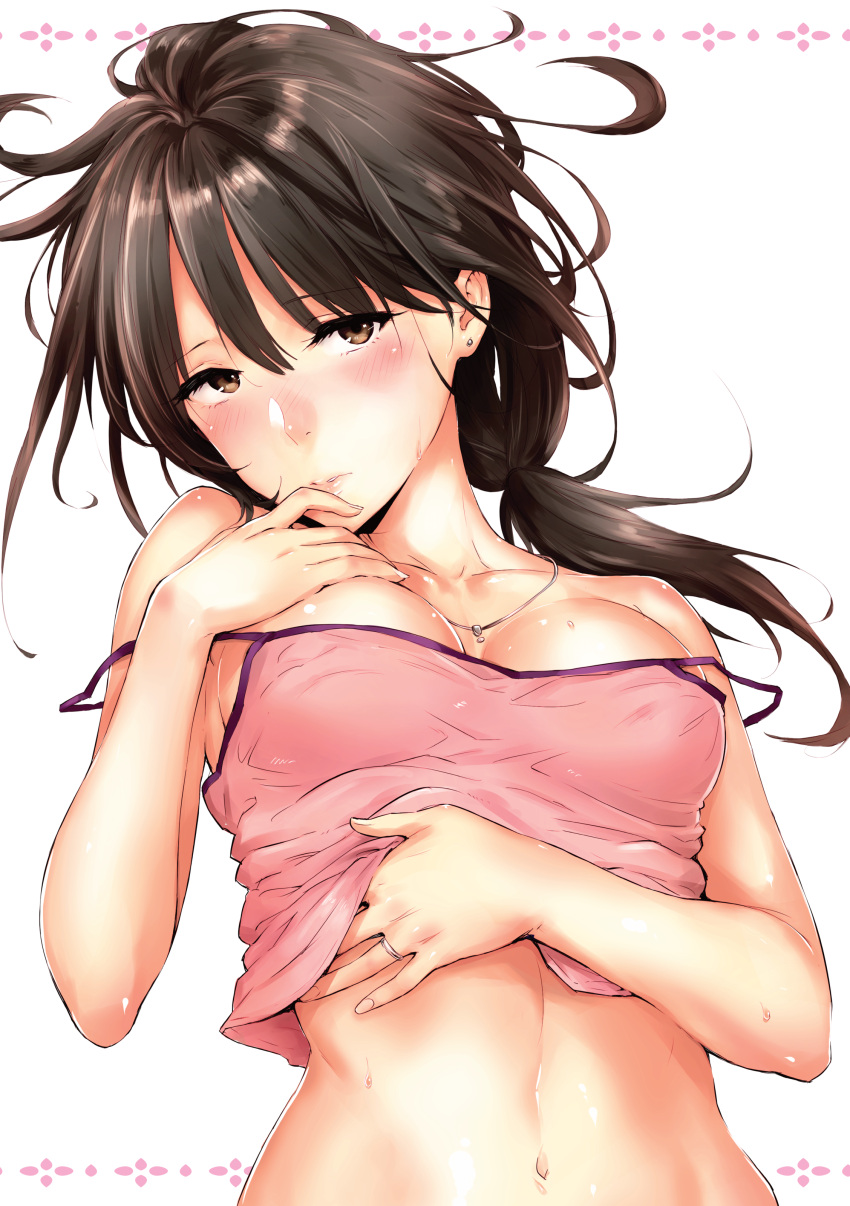1girl absurdres bangs blush breasts brown_eyes brown_hair camisole camisole_lift collarbone earrings highres jewelry lifted_by_self long_hair looking_at_viewer low_ponytail medium_breasts napata necklace original parted_lips pink_lips ring shiny shiny_skin sidelocks solo strap_slip stud_earrings tareme upper_body wedding_band wet