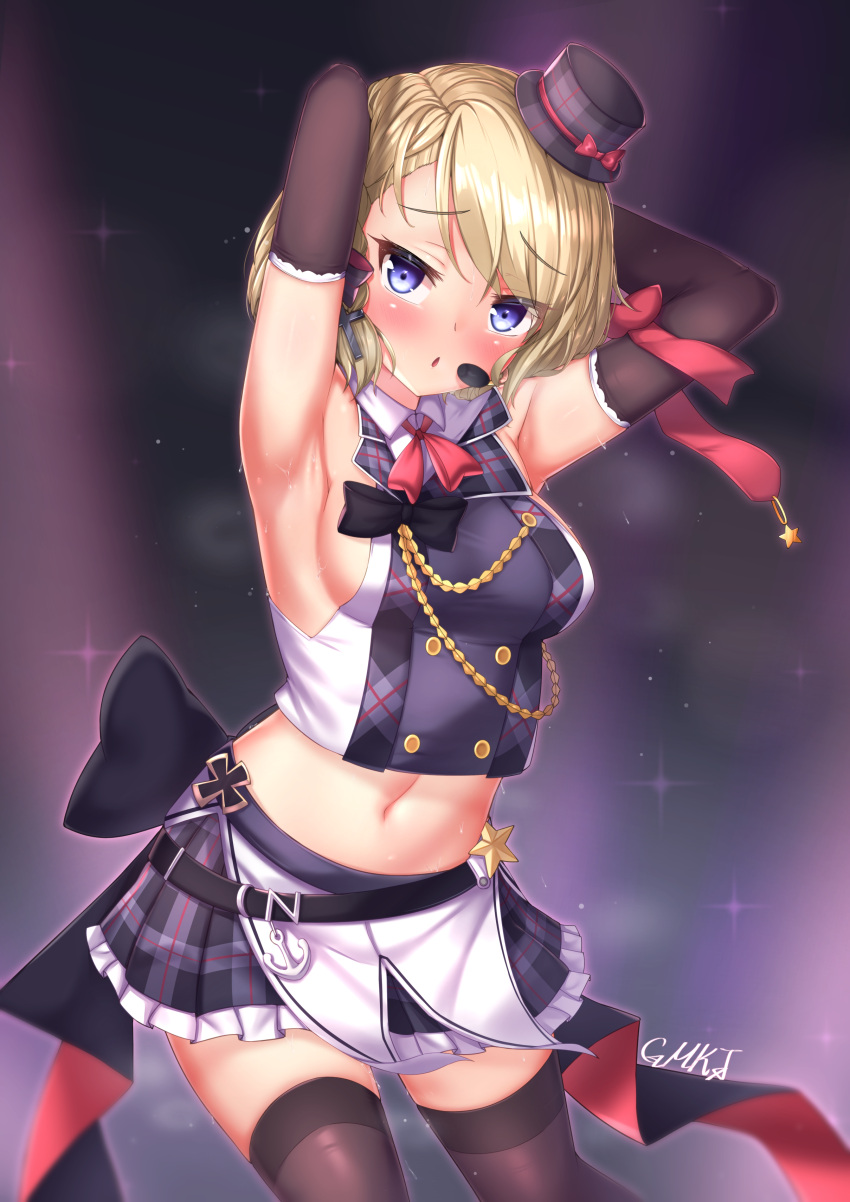 1girl absurdres armpits arms_behind_head arms_up artist_name azur_lane bare_shoulders black_headwear blonde_hair blush bow breasts brown_gloves brown_legwear collared_shirt commentary_request cowboy_shot elbow_gloves frilled_skirt frills gloves gmkj grey_shirt grey_skirt hair_bow hat hat_bow headset highres iron_cross latin_cross looking_at_viewer medium_breasts midriff mini_hat navel parted_lips plaid plaid_hat plaid_skirt pleated_skirt red_bow shirt sideboob skirt sleeveless sleeveless_shirt solo sparkle star thigh-highs tilted_headwear violet_eyes z23_(azur_lane) z23_(serious_idol_-_is_she_also_the_manager!?)_(azur_lane)